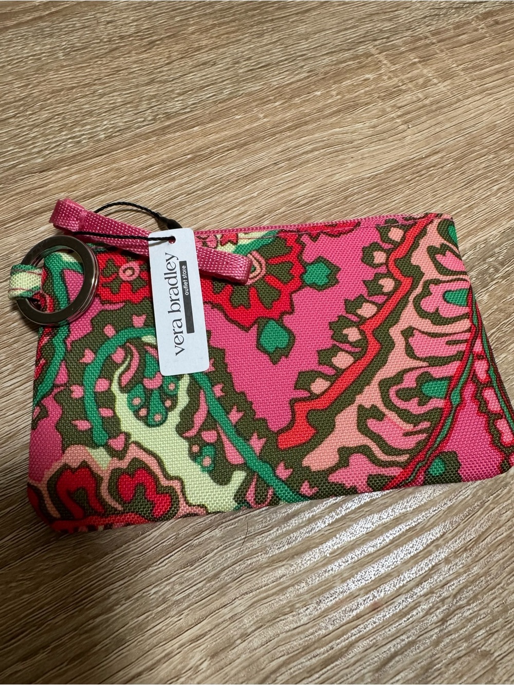 Vera Bradley Pink Paisley Wristlet Key Pouch with Green Accents